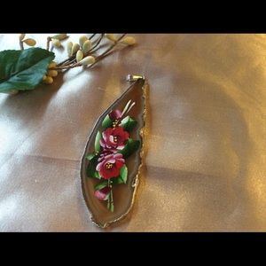 Vintage Quartz Painted Red Rose Pendant Gypsy